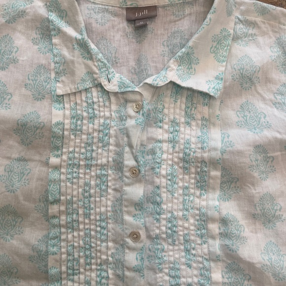 J. Jill Aqua Damask Block Print Linen Button Down Shirt - Picture 3 of 5